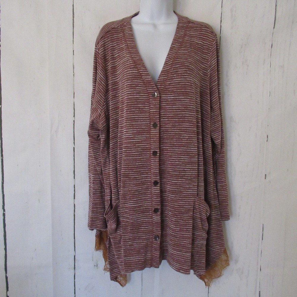 Logo Lori Goldstein Cardigan 3X Brown Stripe Button Up Topper Print Plus Size - Picture 1 of 9